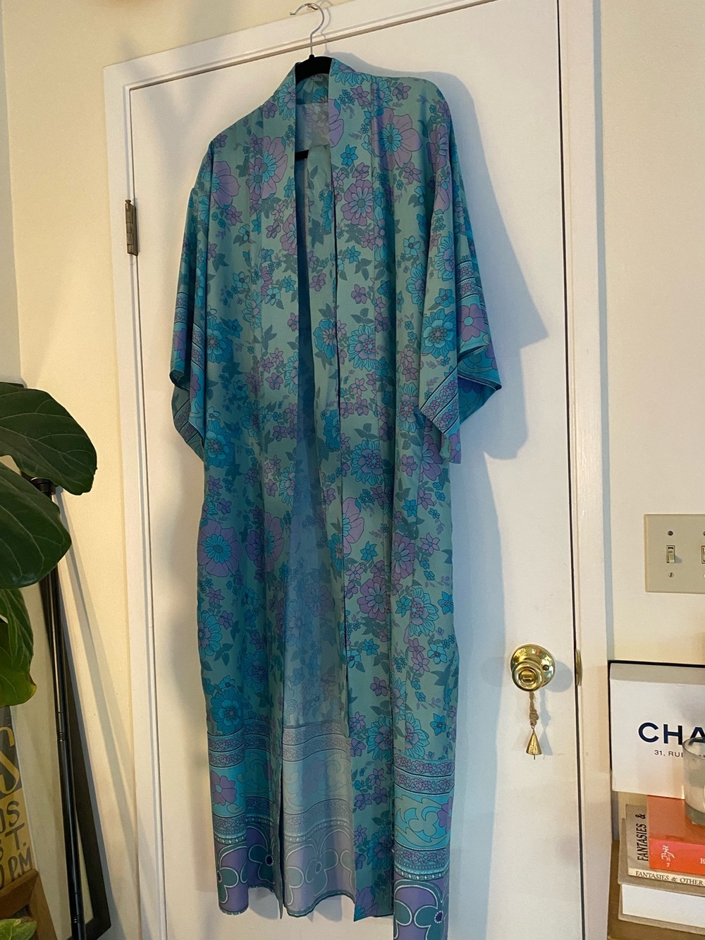 TAJ by Sabrina Crippa Teal and Lavender Floral Long Kimono